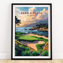 Pebble Beach Golf Links Poster - California Coastal Golf Course Wall Art showcasing vibrant coastal scenery and golf course.