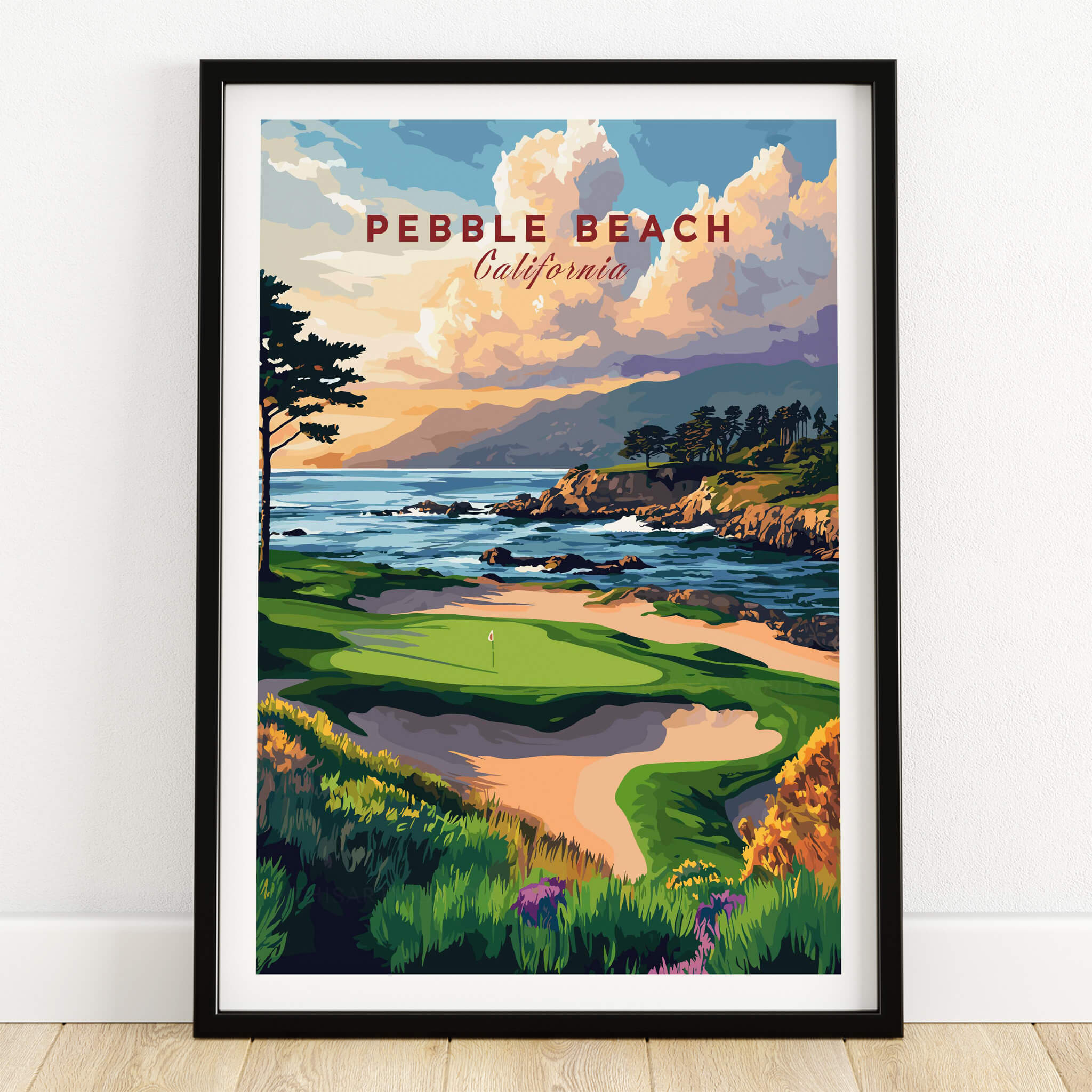 Pebble Beach Golf Links Poster - California Coastal Golf Course Wall Art showcasing vibrant coastal scenery and golf course.