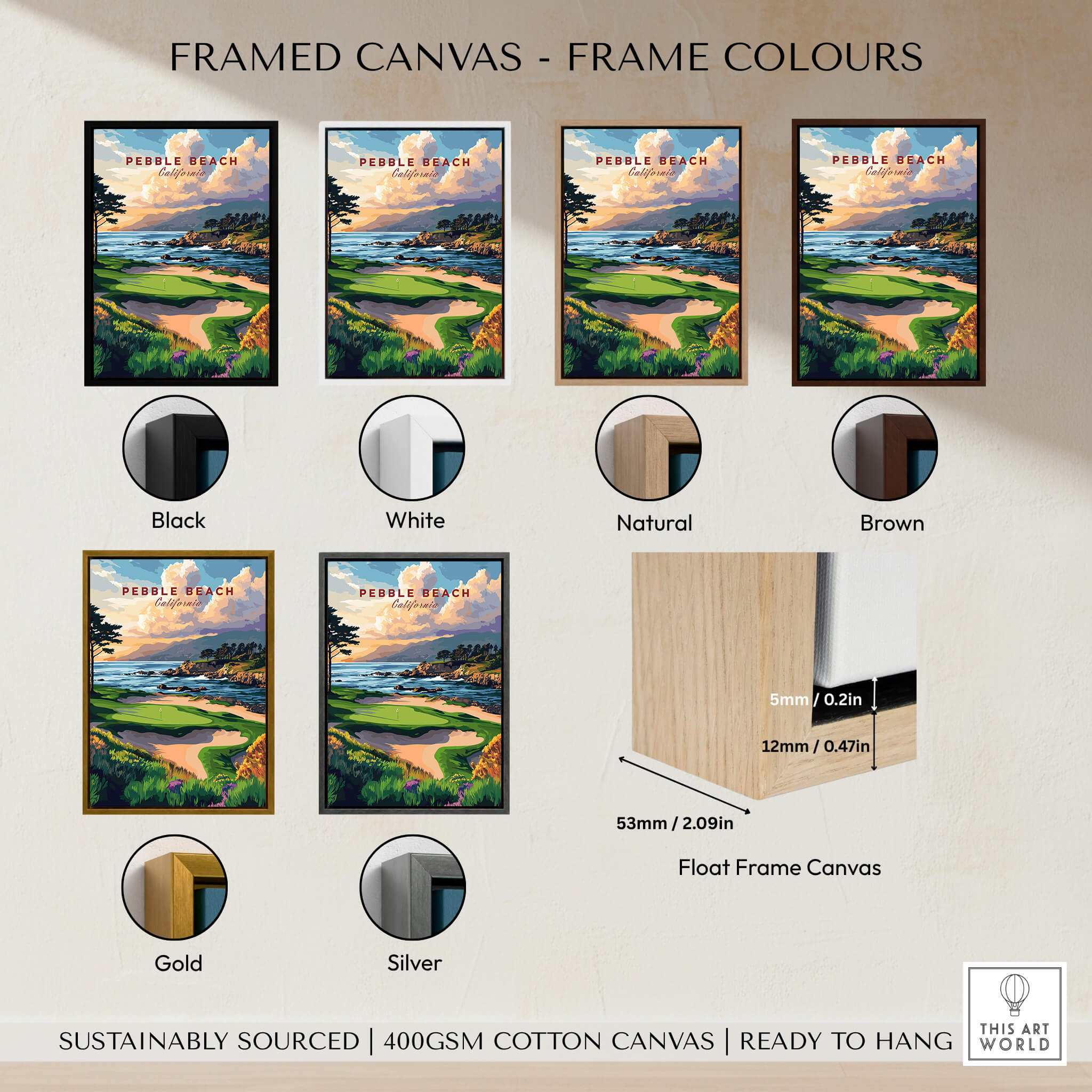 Pebble Beach Golf Links Poster - California Coastal Golf Course Wall Art displayed in various frame colors.
