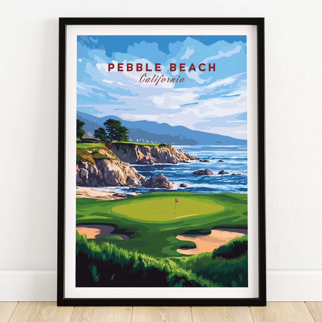 Pebble Beach Golf Print - California Golf Links Wall Art showcasing the iconic coastal course and stunning scenery.