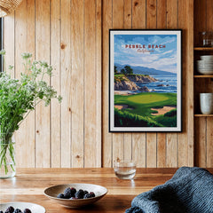 Pebble Beach Golf Print - California Golf Links Wall Art featuring stunning coastal scenery and vibrant golf course design.