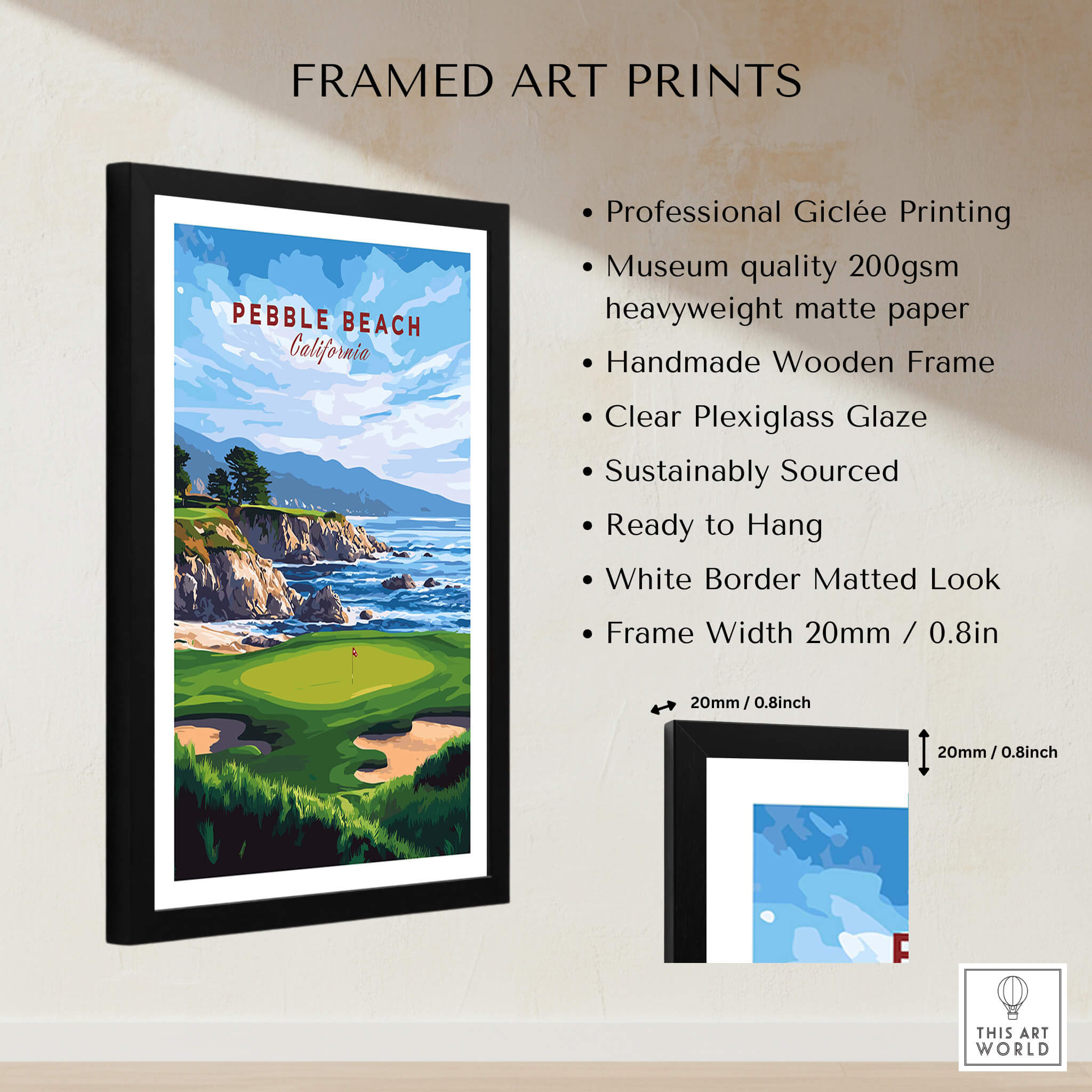 Pebble Beach Golf Print - California Golf Links Wall Art in a framed design showcasing coastal scenery