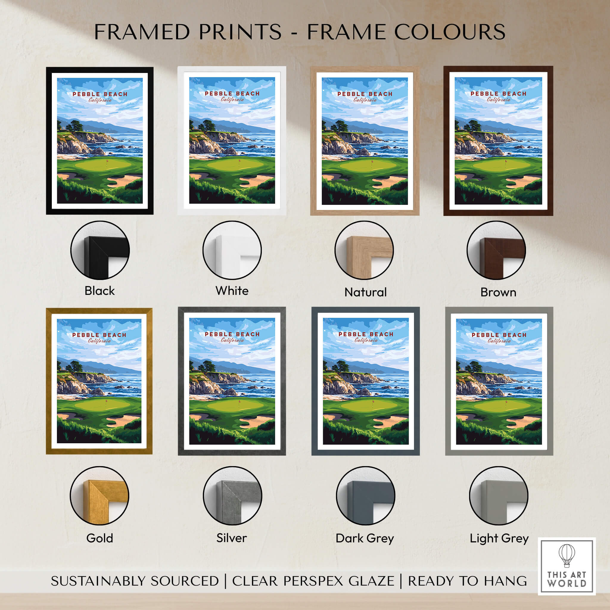 Pebble Beach Golf Print - California Golf Links Wall Art framed prints in various frame colors.