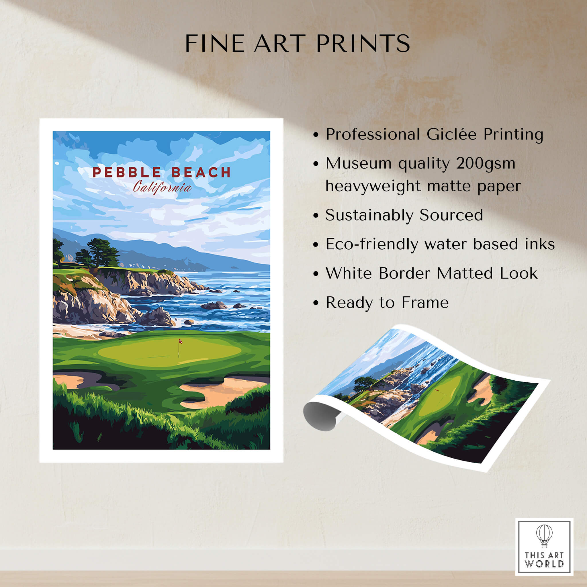 Pebble Beach Golf Print - California Golf Links Wall Art showcasing coastal course and stunning landscape.