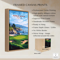 Pebble Beach Golf Print - California Golf Links Wall Art displayed in a stylish wooden frame with vibrant coastal scenery.