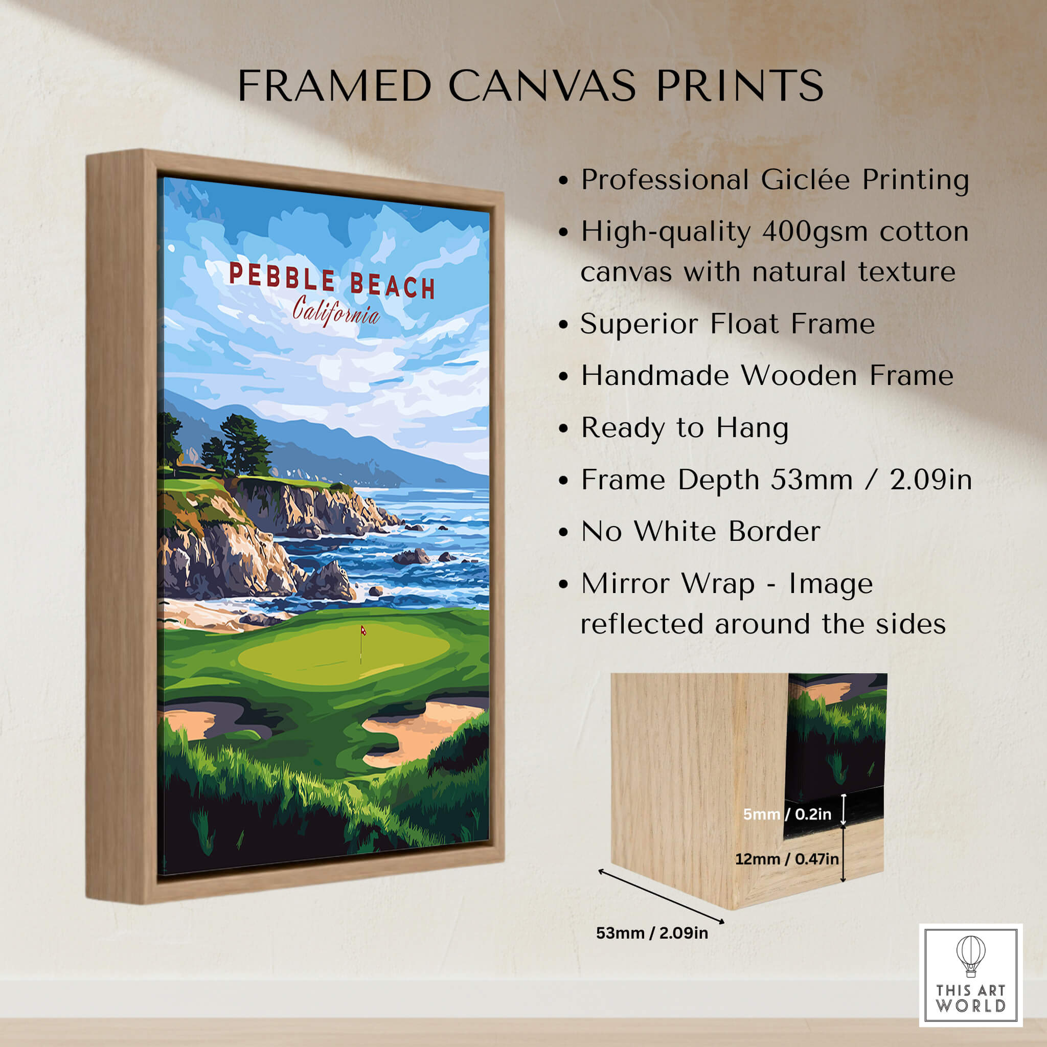 Pebble Beach Golf Print - California Golf Links Wall Art displayed in a stylish wooden frame with vibrant coastal scenery.