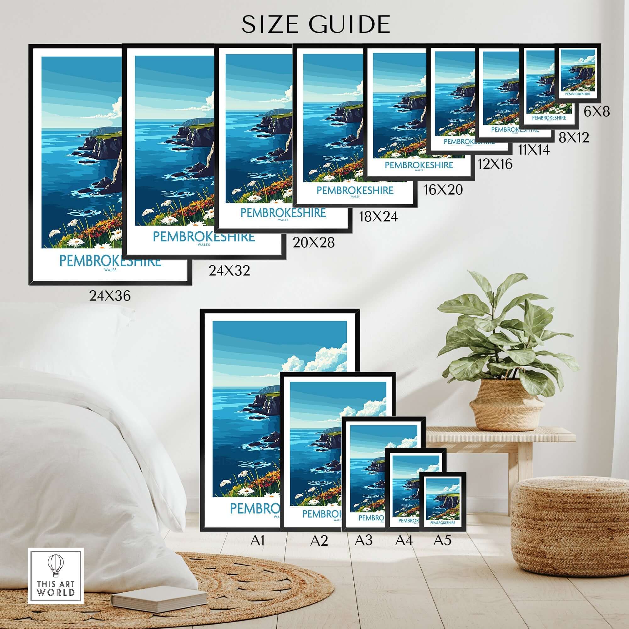 Size guide displaying various sizes of Pembrokeshire Art Print with vibrant coastal landscape.