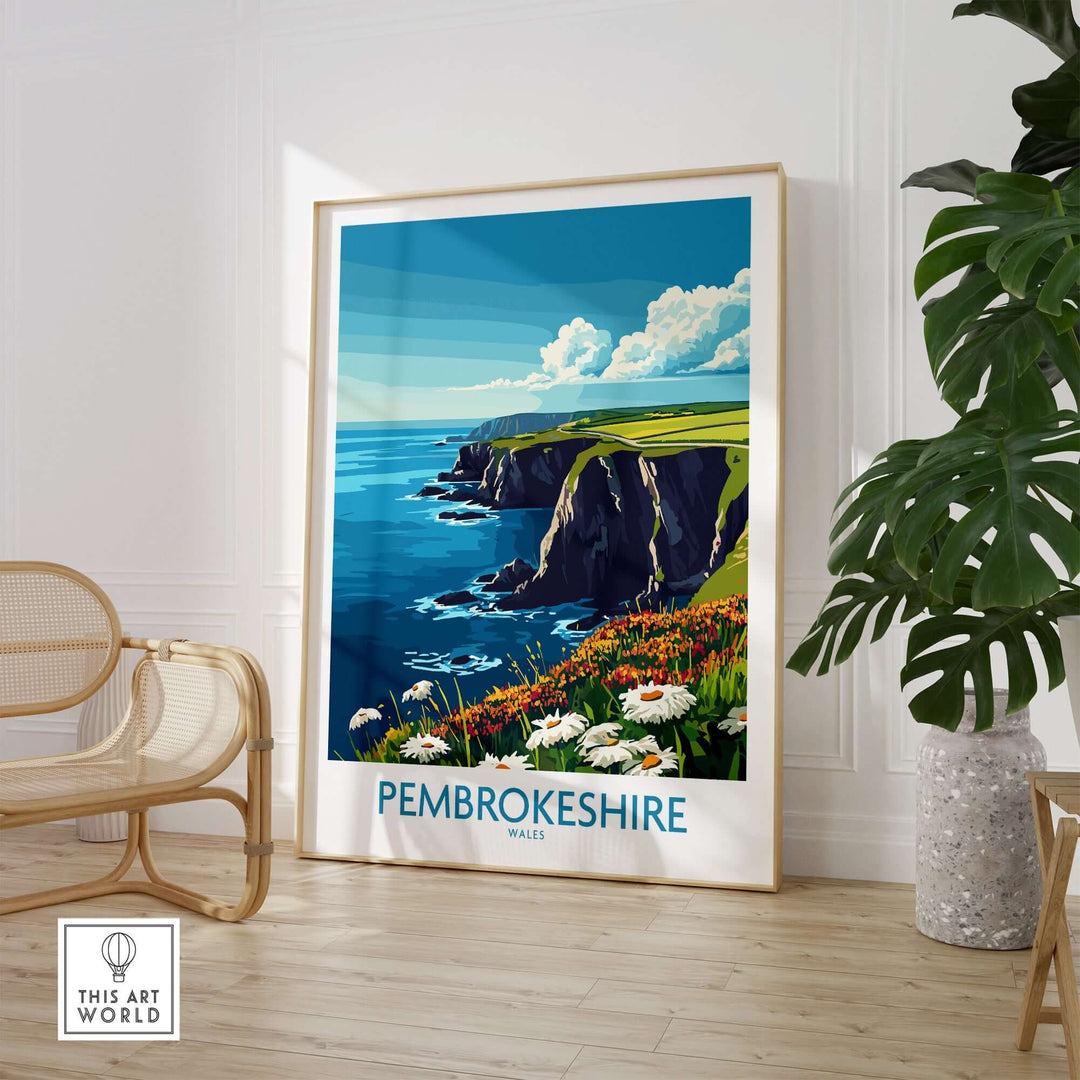 Pembrokeshire art print showcasing the Welsh coast with vibrant colors and intricate details in a stylish interior setting.