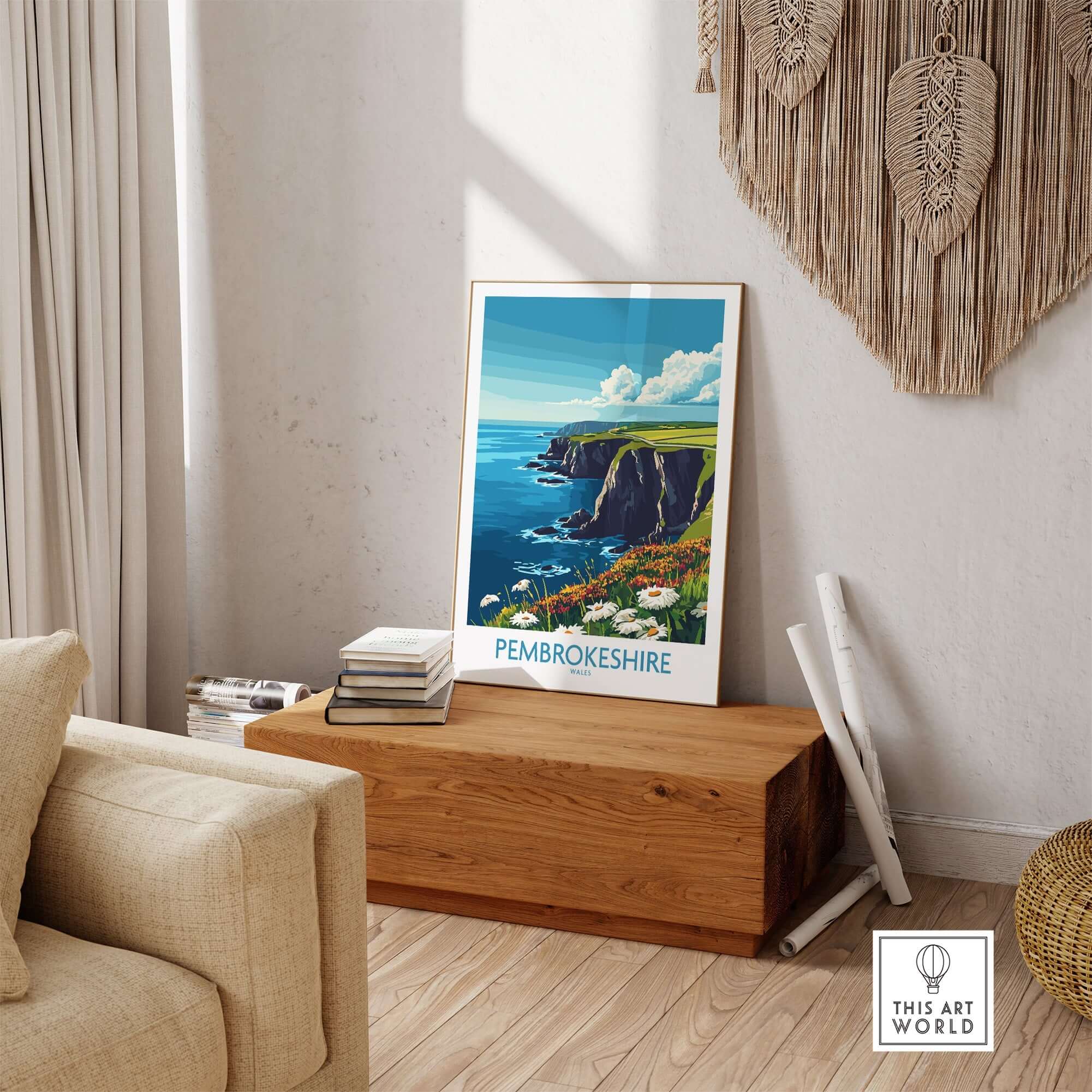 Pembrokeshire Art Print displayed in a cozy interior, showcasing vibrant coastal scenery and intricate details.