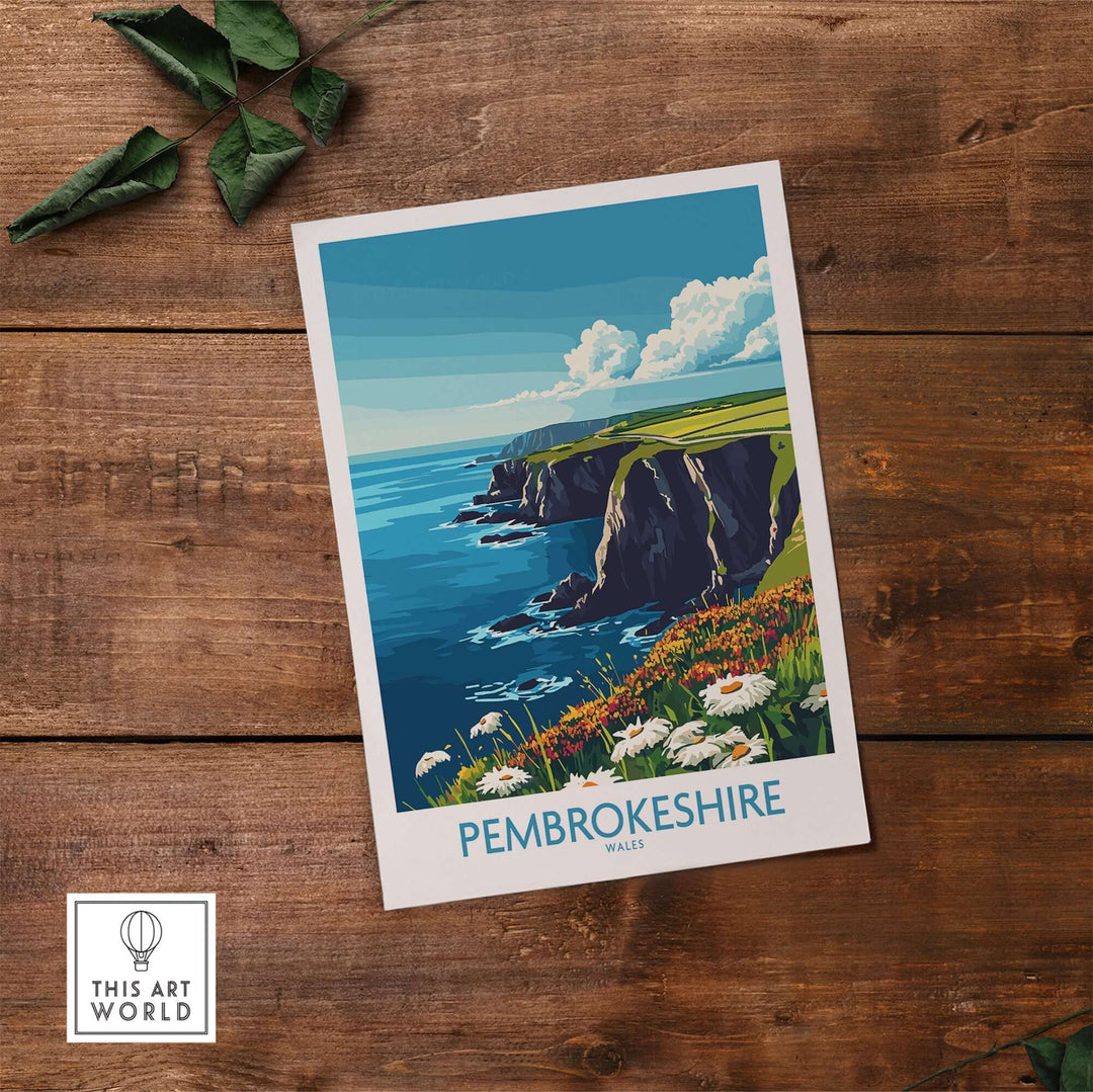 Pembrokeshire art print showcasing vibrant coastal cliffs and flowers, capturing the beauty of Wales.