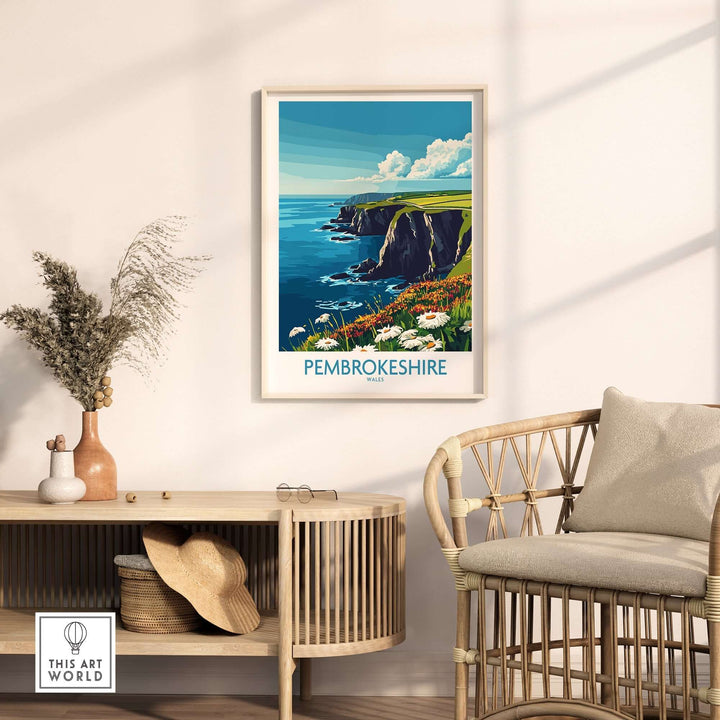 Pembrokeshire art print showcasing vibrant Welsh coast scenery in a stylish interior setting.