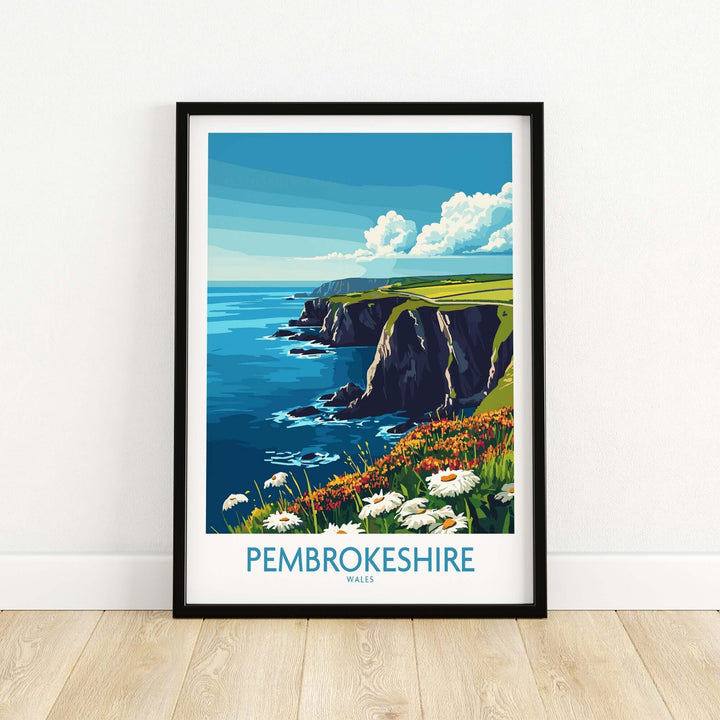 Pembrokeshire art print featuring vibrant coastlines and flowers, depicting the beauty of Wales in a stylish frame.