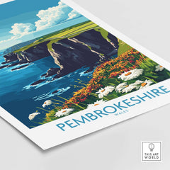 Pembrokeshire Art Print showcasing the vibrant Welsh coast with cliffs and wildflowers.