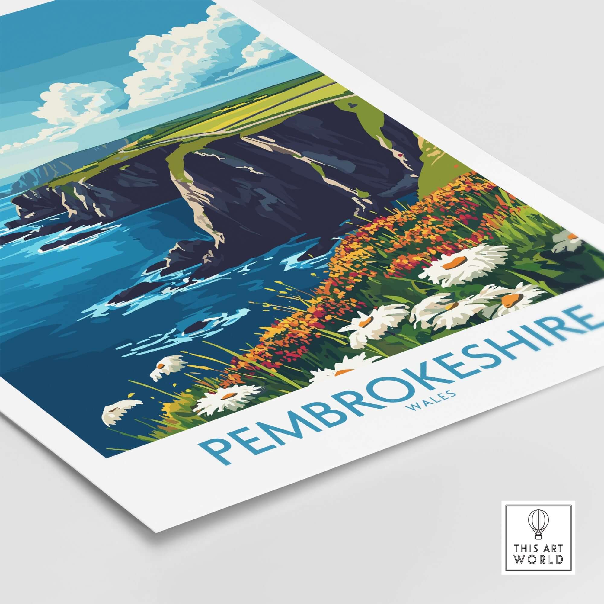 Pembrokeshire Art Print showcasing the vibrant Welsh coast with cliffs and wildflowers.