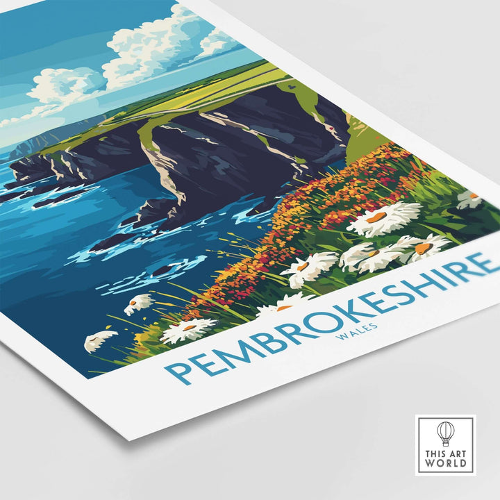 Pembrokeshire art print featuring the Welsh coast with vibrant colors and intricate details of cliffs and flowers.