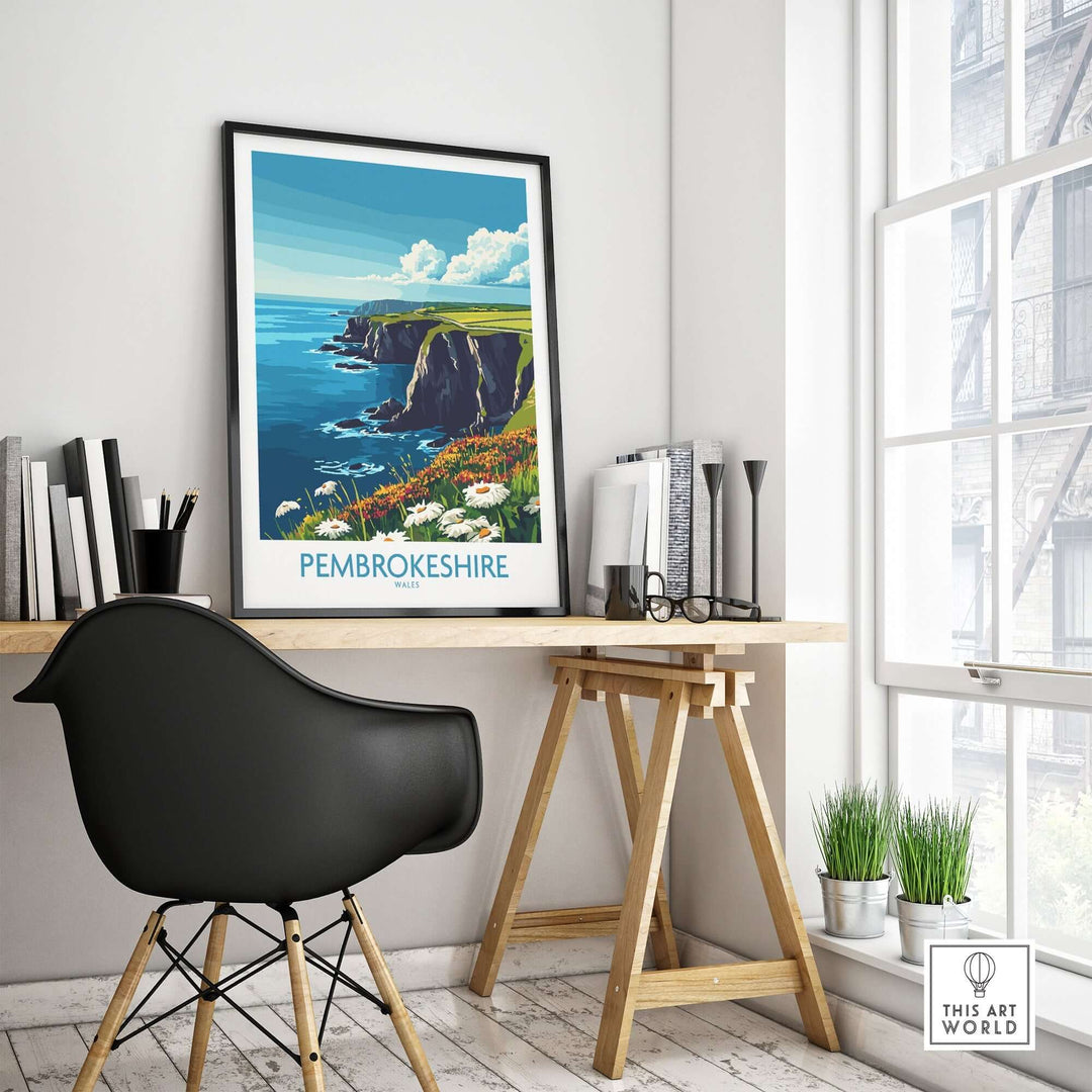 Pembrokeshire art print displayed in a modern workspace, showcasing the vibrant coastal landscape and design elements.