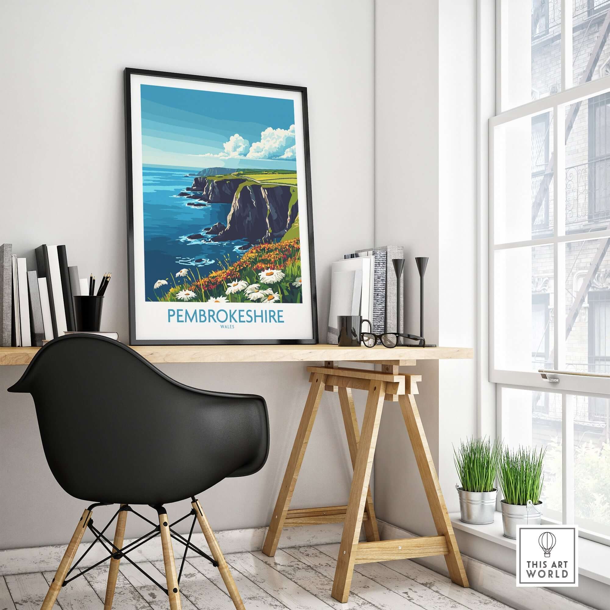 Pembrokeshire Art Print displayed in a modern office setting, showcasing the beauty of the Welsh coast.