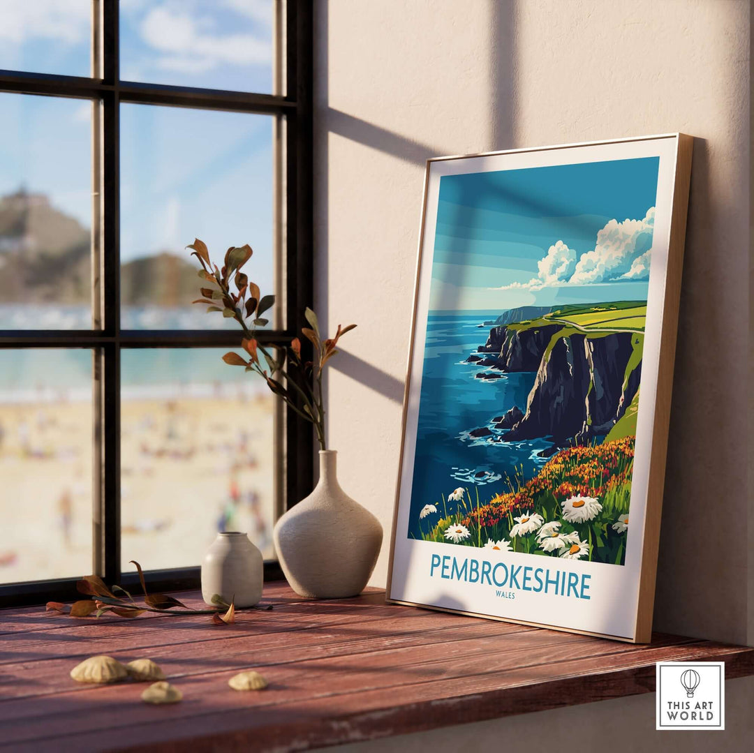 Pembrokeshire art print showcasing vibrant coastal landscape, displayed by a sunlit window with decorative elements.