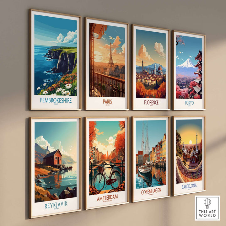 Collection of vibrant art prints featuring Pembrokeshire, Paris, Florence, Tokyo, Reykjavik, Amsterdam, Copenhagen, and Barcelona.