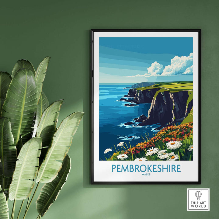 Pembrokeshire art print showcasing vibrant coastal landscape and flowers, enhancing home decor with Welsh beauty.