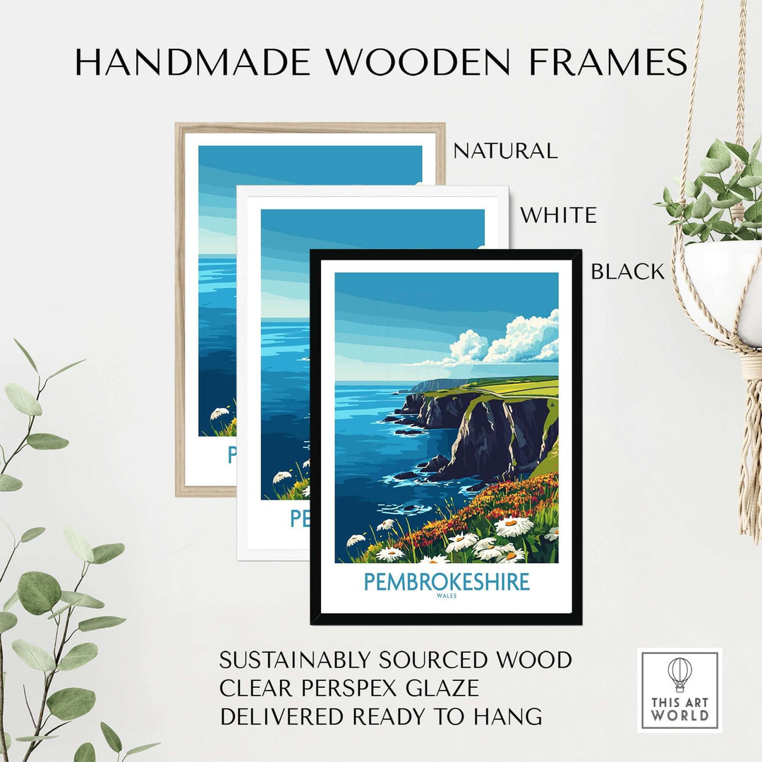 Handmade wooden frames in natural, white, and black for the Pembrokeshire art print, sustainably sourced and ready to hang.