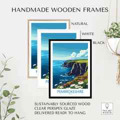 Handmade wooden frames for Pembrokeshire Art Print in natural, white, and black finishes, sustainably sourced wood.