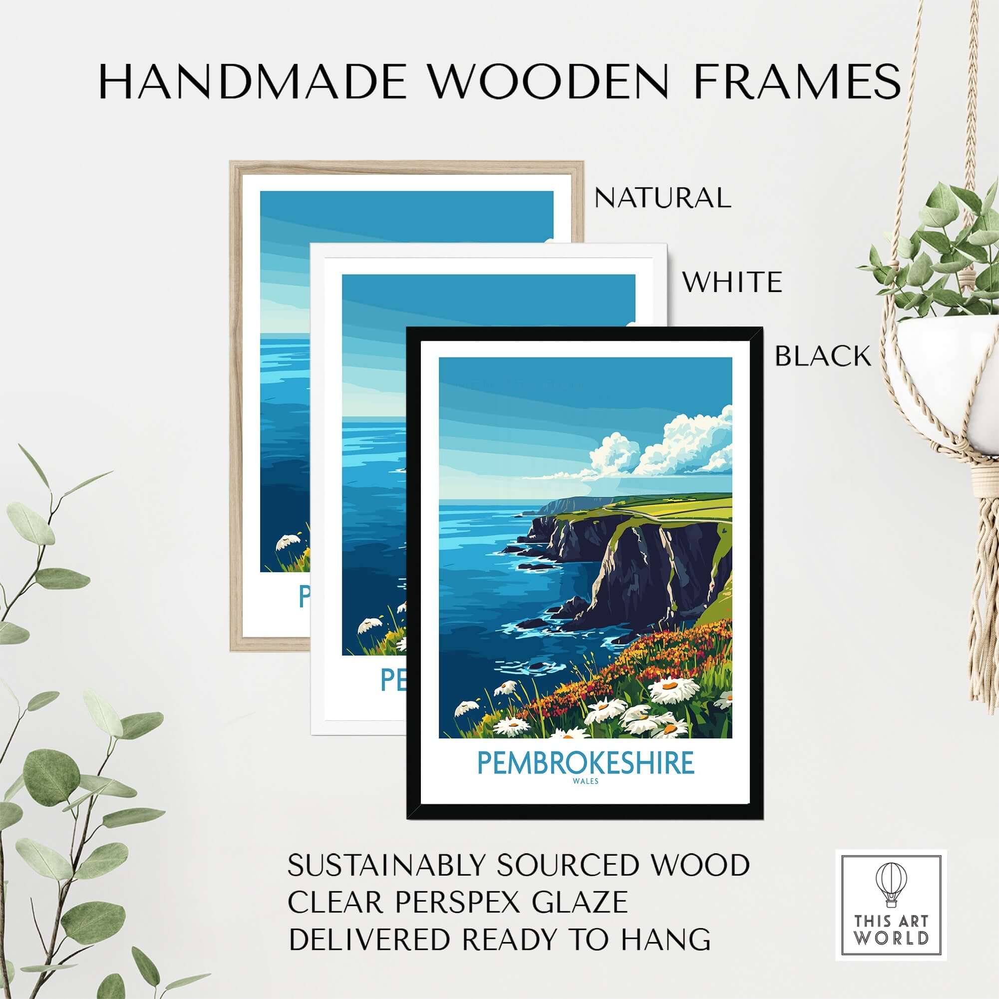 Handmade wooden frames for Pembrokeshire Art Print in natural, white, and black finishes, sustainably sourced wood.
