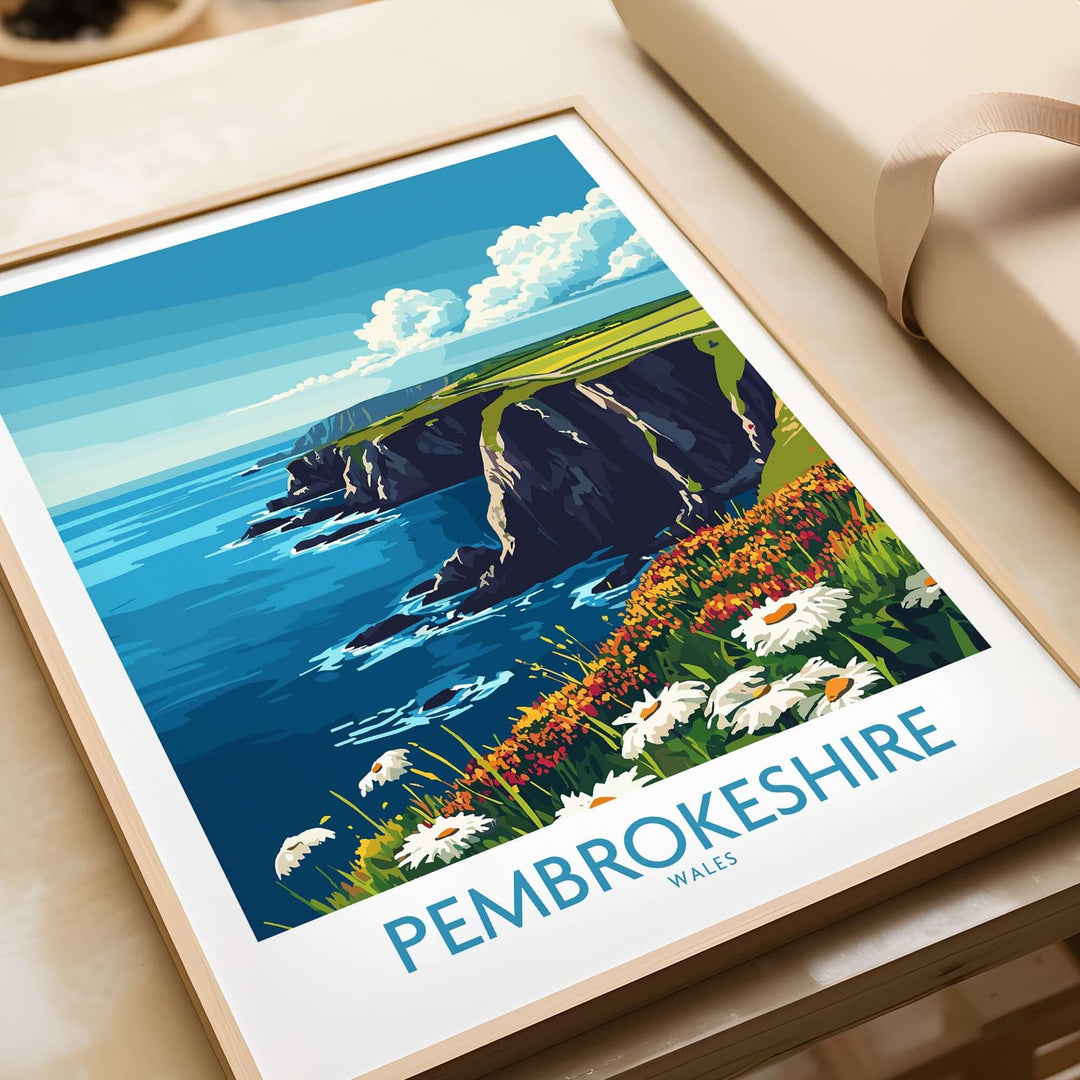 Pembrokeshire Art Print featuring vibrant colors of the Welsh coast with cliffs and flowers, perfect for home décor.