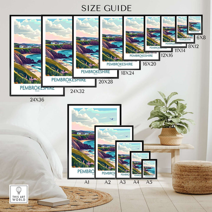 Pembrokeshire Coast Wales print size guide displaying various frame sizes in a cozy interior setting.