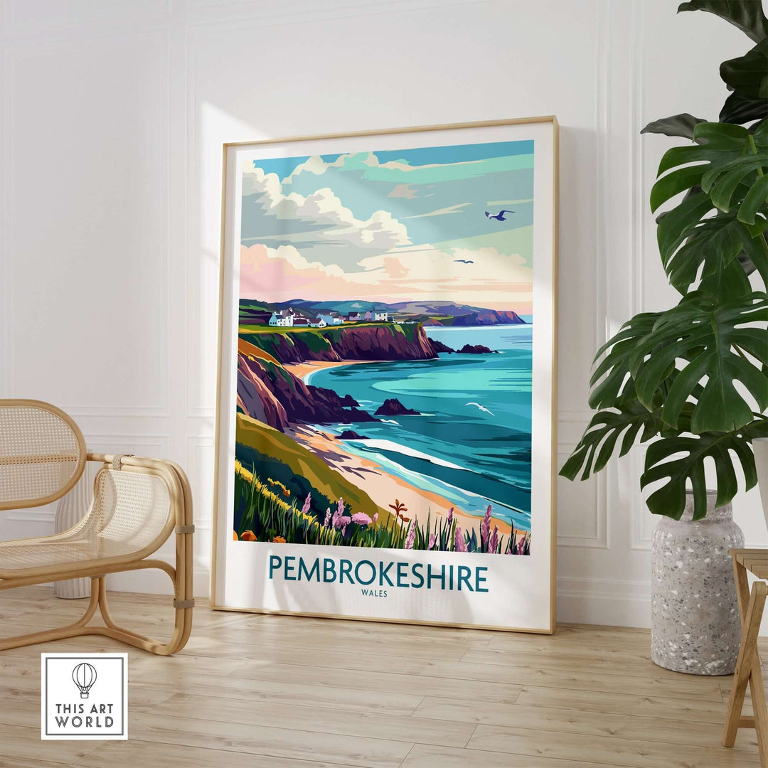 Pembrokeshire Coast Wales print showcasing vibrant colors and stunning scenery in a modern home setting.