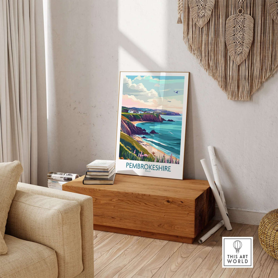 Pembrokeshire Coast Wales print displayed in a stylish living room setting, showcasing vibrant colors and scenic beauty.