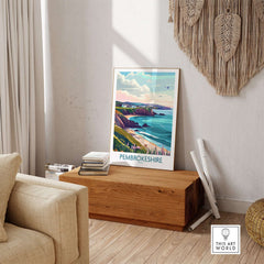 Pembrokeshire Coast Wales Print displayed in a stylish living room setting, showcasing stunning coastal scenery.