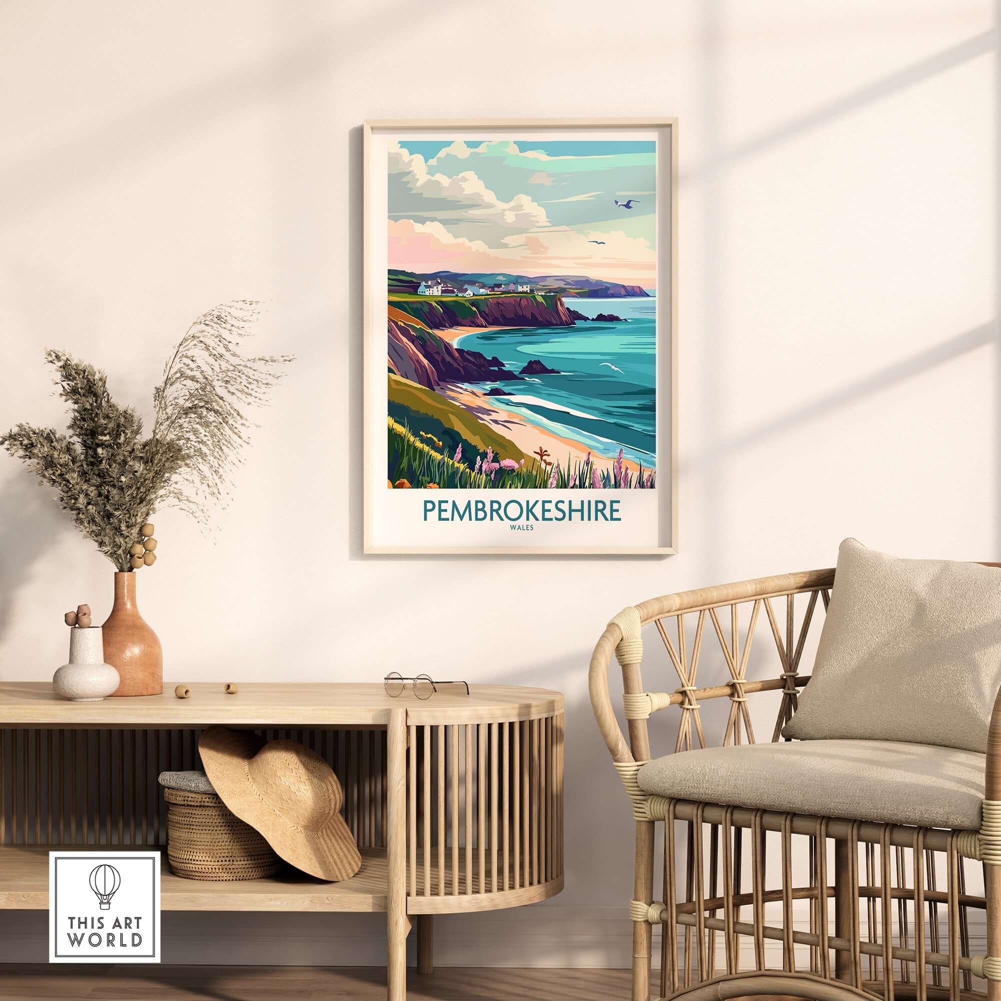 Pembrokeshire Coast Wales Print framed on wall above stylish rattan chair in bright room decor.