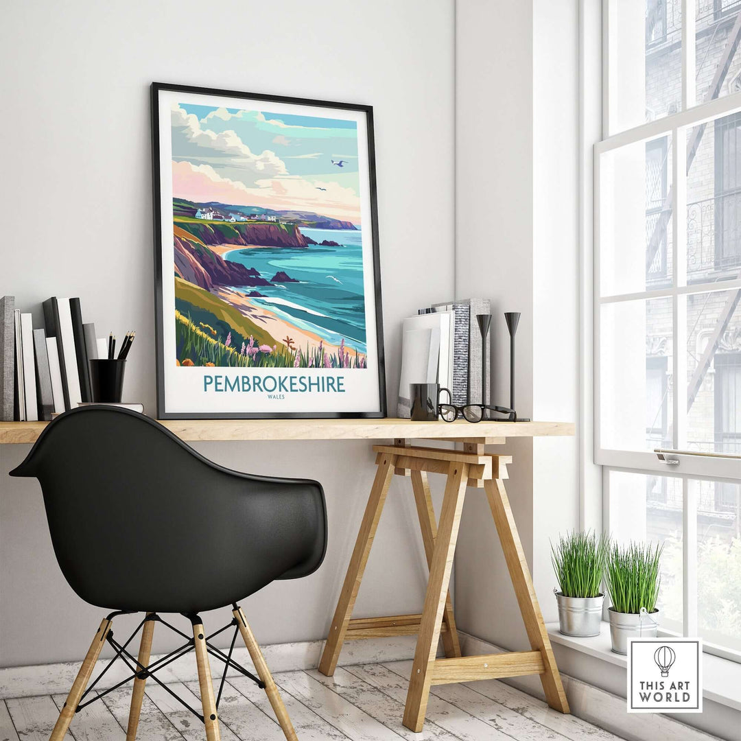 Pembrokeshire Coast Wales print displayed in a modern workspace, showcasing vibrant coastal scenery and artwork.