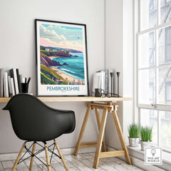Pembrokeshire Coast Wales Print displayed in a modern room with desk and chair, showcasing vibrant coastal scenery.