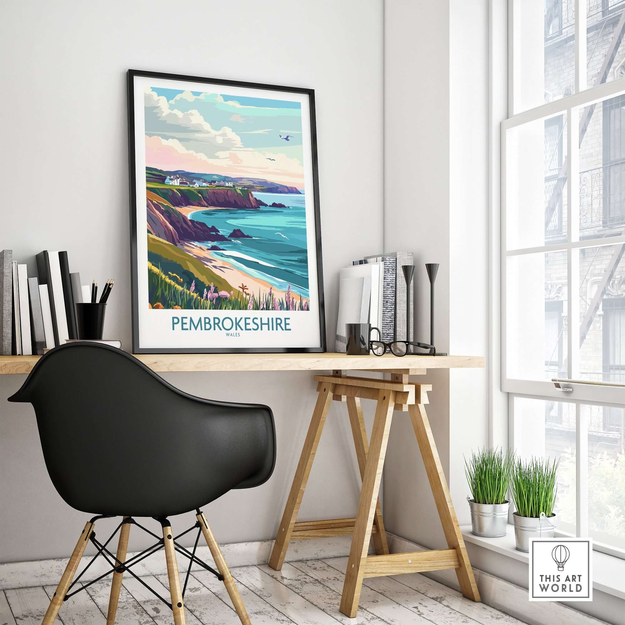 Pembrokeshire Coast Wales Print displayed in a modern room with desk and chair, showcasing vibrant coastal scenery.