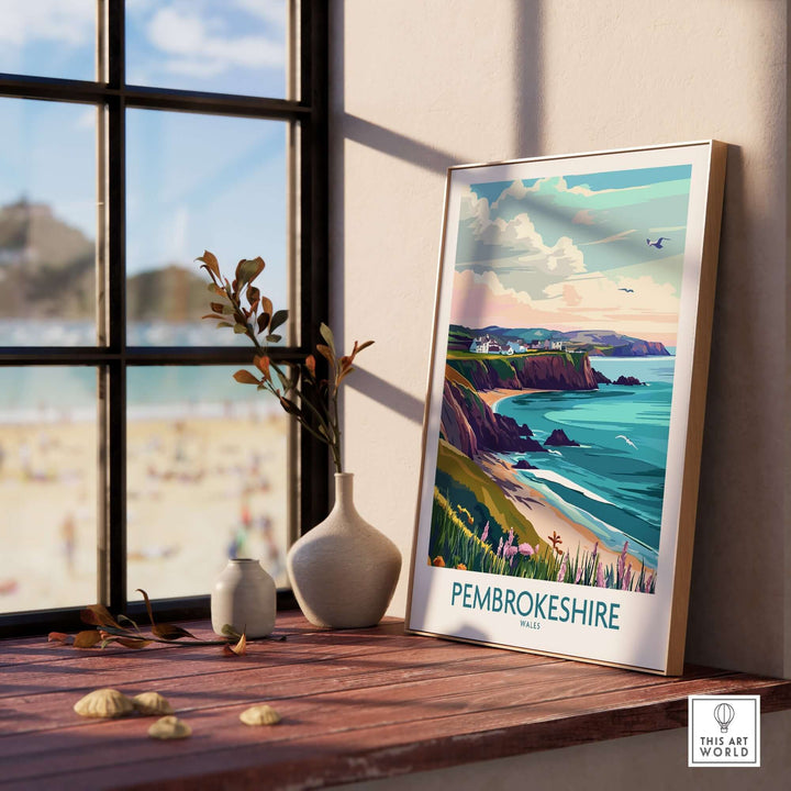 Pembrokeshire Coast Wales print displayed indoors with scenic view and decor elements by a window.