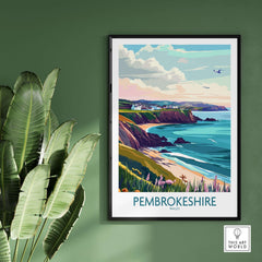 Pembrokeshire Coast Wales Print featuring vibrant coastal scenery and lush green hills in a stylish frame.