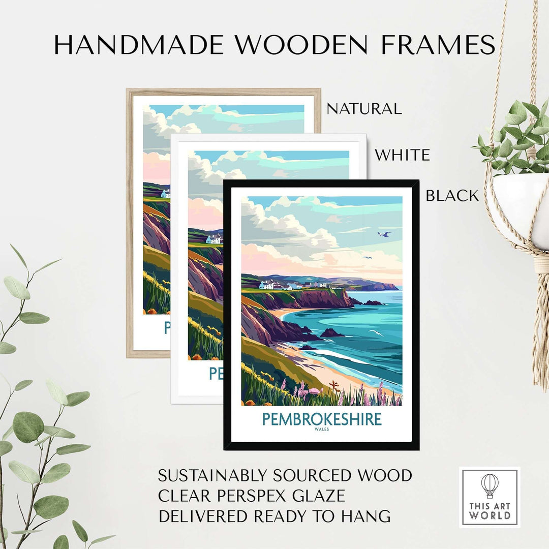 Handmade wooden frames in natural, white, and black showcasing Pembrokeshire Coast print, ready to hang.