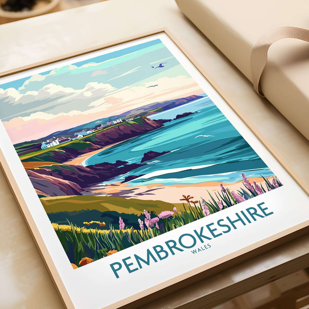 Pembrokeshire Coast Wales print showcasing vibrant colors and scenic views of the coastline and beach. Perfect for nature lovers.