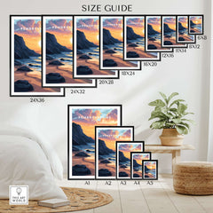 Pembrokeshire Coast Wales Travel Print size guide showcasing different frame sizes and coastal artwork.