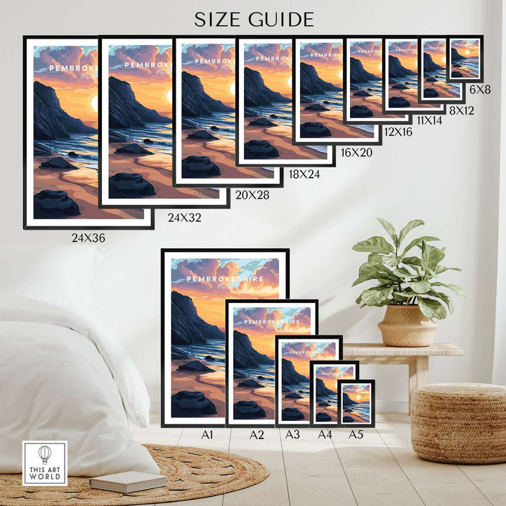 Pembrokeshire Coast Wales travel print size guide with framed options displayed in a cozy living space.