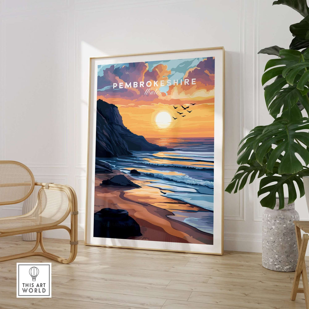 Pembrokeshire Coast travel print showcasing a vibrant sunset over the beach, framed in a stylish interior setting.