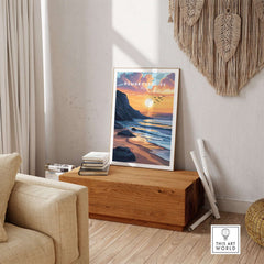 Pembrokeshire Coast Wales Travel Print featuring a stunning sunset and coastal view.