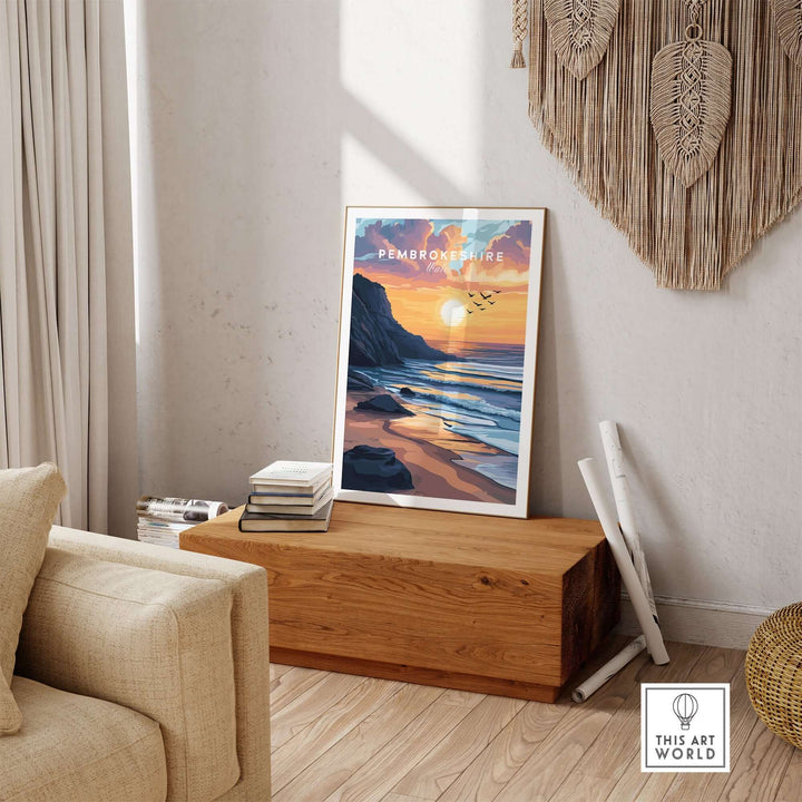 Pembrokeshire Coast travel print showcasing a sunset over the beach, perfect for adding nature's beauty to home decor.