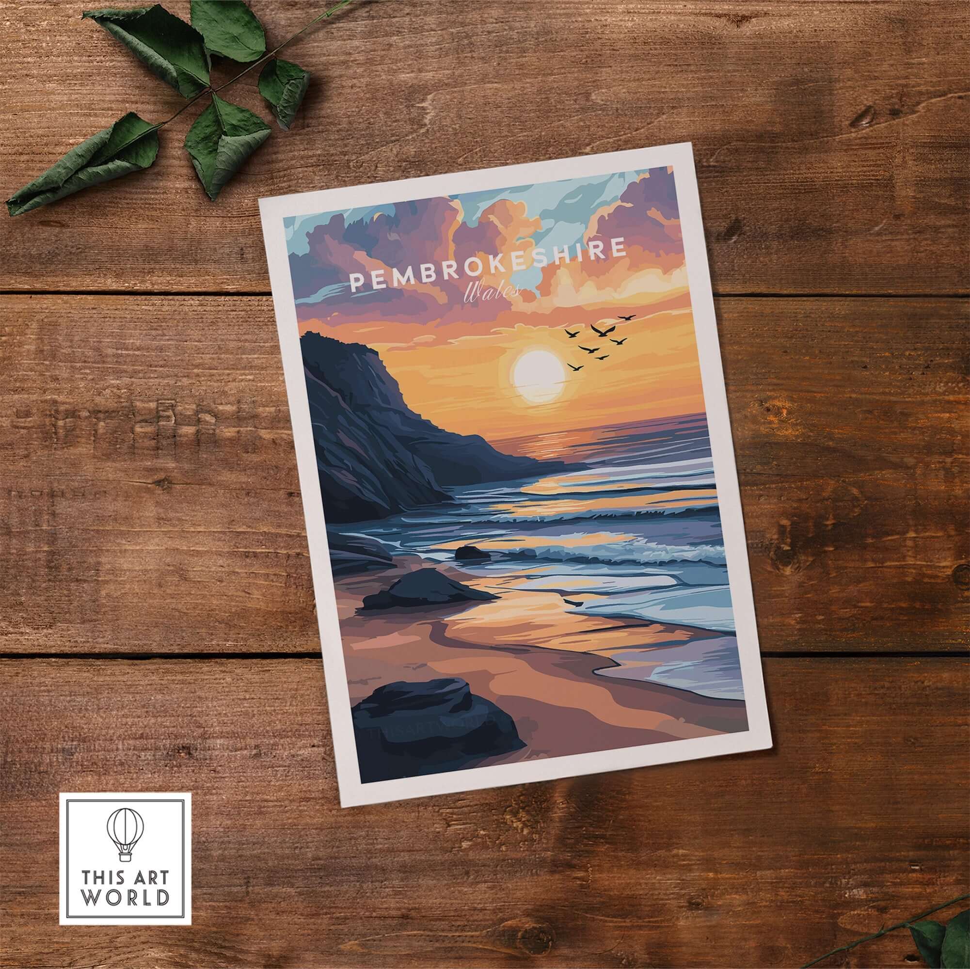 Pembrokeshire Coast Wales Travel Print showcasing a captivating sunset over the coast with waves and cliffs.