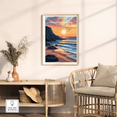 Pembrokeshire Coast Wales Travel Print showcasing a stunning sunset over the beach in a stylish living room setting.