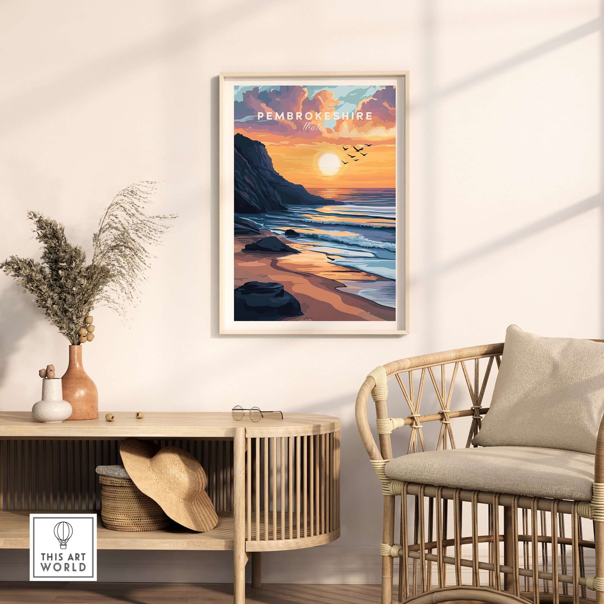 Pembrokeshire Coast Wales Travel Print showcasing a stunning sunset over the beach in a stylish living room setting.