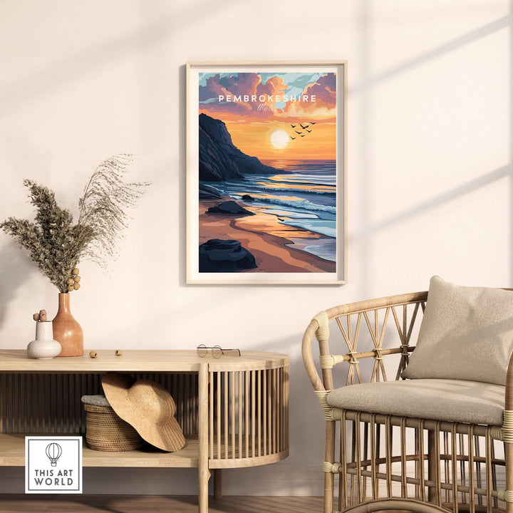 Pembrokeshire Coast Wales travel print showcasing a sunset over the beach, framed and displayed in a cozy interior setting.