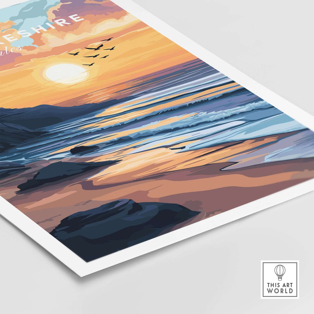 Pembrokeshire Coast Wales travel print featuring a vibrant sunset, ocean waves, and silhouette of birds in the sky.